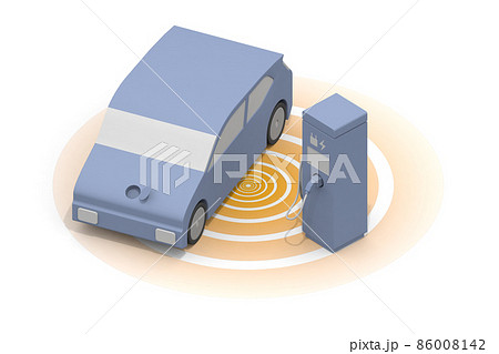 電気自動車と充電器。充電中のEV車と充電スタンド。道路設置の充電スポット利用する。 電気自動車と充電器。充電中のEV車と充電スタンド。道路設置の充電スポット利用する。 86008142