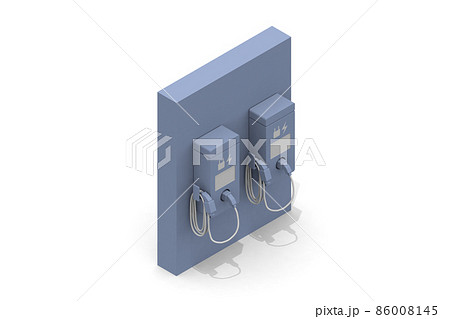 電気自動車と充電器。充電中のEV車と充電スタンド。道路設置の充電スポット利用する。 電気自動車と充電器。充電中のEV車と充電スタンド。道路設置の充電スポット利用する。 86008145