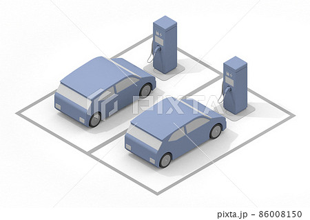 電気自動車と充電器。充電中のEV車と充電スタンド。道路設置の充電スポット利用する。 86008150