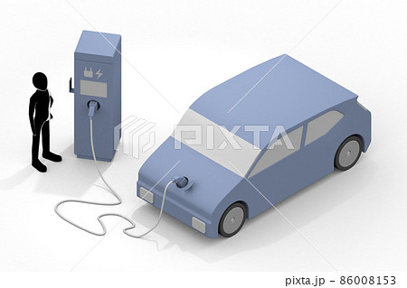 電気自動車と充電器。充電中のEV車と充電スタンド。道路設置の充電スポット利用する。 86008153
