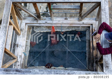 湯の峰温泉の湯筒で茹でる温泉卵 86008195