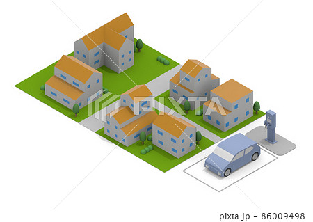 電気自動車と充電器。充電中のEV車と充電スタンド。道路設置の充電スポット利用する。 電気自動車と充電器。充電中のEV車と充電スタンド。道路設置の充電スポット利用する。 86009498