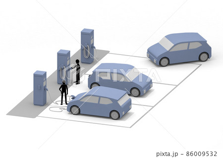 EV自動車に充電する。道路脇に充電器設置。充電スタンドからバッテリーに充電。自然環境を考えた自動車。 EV自動車に充電する。道路脇に充電器設置。充電スタンドからバッテリーに充電。自然環境を考えた自動車。 86009532