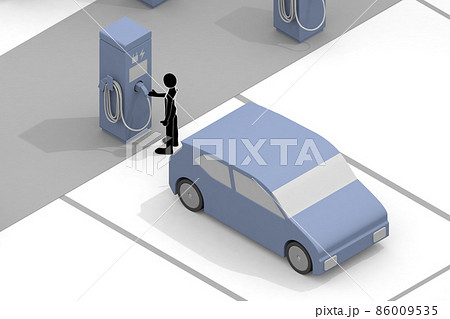 電気自動車と充電器。充電中のEV車と充電スタンド。道路設置の充電スポット利用する。 86009535