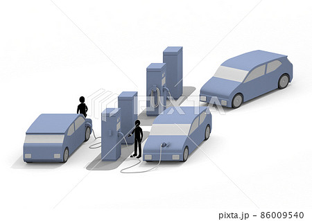 電気自動車と充電器。充電中のEV車と充電スタンド。道路設置の充電スポット利用する。 電気自動車と充電器。充電中のEV車と充電スタンド。道路設置の充電スポット利用する。 86009540
