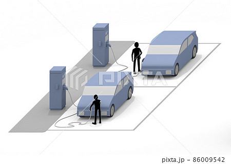 EV自動車に充電する。道路脇に充電器設置。充電スタンドからバッテリーに充電。自然環境を考えた自動車。 EV自動車に充電する。道路脇に充電器設置。充電スタンドからバッテリーに充電。自然環境を考えた自動車。 86009542