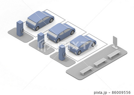 EV自動車に充電する。道路脇に充電器設置。充電スタンドからバッテリーに充電。自然環境を考えた自動車。 EV自動車に充電する。道路脇に充電器設置。充電スタンドからバッテリーに充電。自然環境を考えた自動車。 86009556