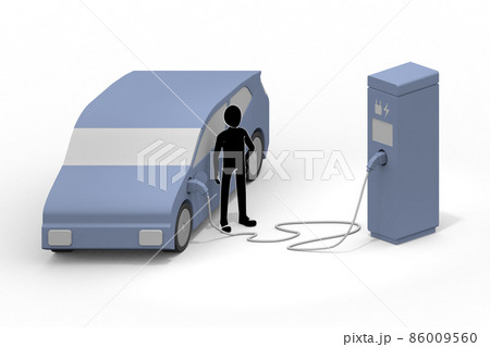 電気自動車と充電器。充電中のEV車と充電スタンド。道路設置の充電スポット利用する。 86009560