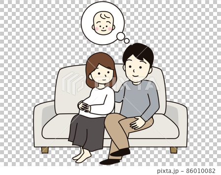 懷孕的妻子和丈夫坐在沙發上 懷孕的妻子和丈夫坐在沙發上 86010082