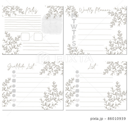 花のイラストのバレットジャーナル シート4種類 リスト 予定表 メモのイラスト素材