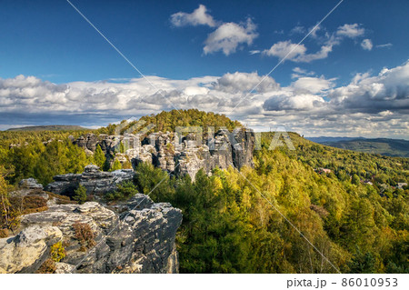 Landscape with rocks in Sandstone Mountains The Tisa Rocks, Tisa Walls, Czech republic Landscape with rocks in Sandstone Mountains The Tisa Rocks, Tisa Walls, Czech republic 86010953