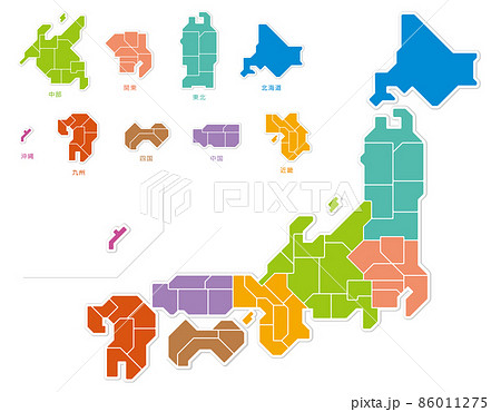 日本地図　色分け　都道府県　イラスト