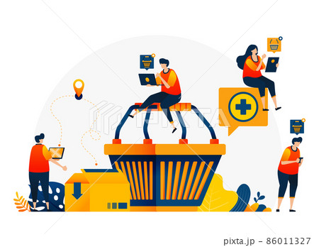 Illustration of shopping cart with people around who want to shop. E-commerce with delivery and cardboarding services. Vector design template for Landing page, web, websites, site, banner, flyer Illustration of shopping cart with people around who want to shop. E-commerce with delivery and cardboarding services. Vector design template for Landing page, web, websites, site, banner, flyer 86011327