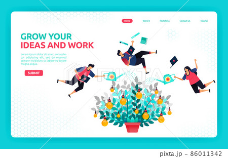 Vector illustration of growing ideas with teamwork and collaboration. Metaphor of a plant growing with a shining light bulb. Graphic design template for banner, flyer, brochure, cover, magazine, print Vector illustration of growing ideas with teamwork and collaboration. Metaphor of a plant growing with a shining light bulb. Graphic design template for banner, flyer, brochure, cover, magazine, print 86011342
