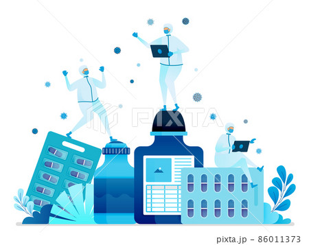 Vector illustration of hospital and pharmacy. Doctors and medical personnel use PPE. Virus drugs and vaccines. Can be used for landing page, website, web, mobile apps, flyer banner, template, poster 86011373