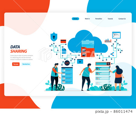 vector cartoon illustration of data sharing technology, remote worker, network industry 4.0, people sending work file. cloud improvement to upload is effective. for website, landing page, mobile app vector cartoon illustration of data sharing technology, remote worker, network industry 4.0, people sending work file. cloud improvement to upload is effective. for website, landing page, mobile app 86011474