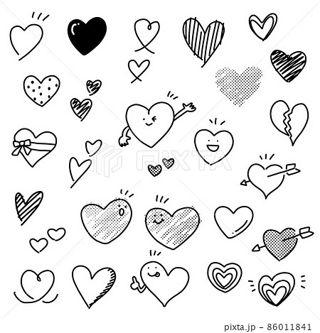 ハートマーク ラフな手書き 色々なハートマークセット モノクロのイラスト素材