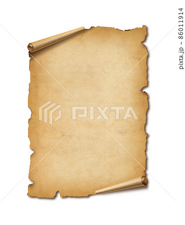 Old mediaeval paper sheet. Parchment scroll isolated on white with shadow 86011914