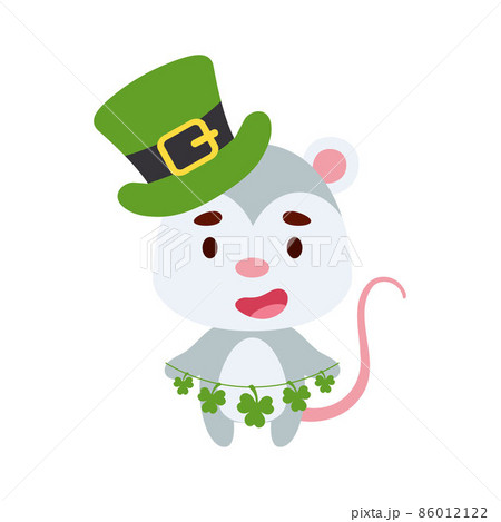 Cute opossum in St. Patrick's Day leprechaun hat holds shamrocks. Irish holiday folklore theme. Cartoon design for cards, decor, shirt, invitation. Vector stock illustration. Cute opossum in St. Patrick's Day leprechaun hat holds shamrocks. Irish holiday folklore theme. Cartoon design for cards, decor, shirt, invitation. Vector stock illustration. 86012122