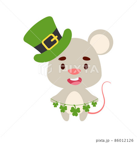Cute mouse in St. Patrick's Day leprechaun hat holds shamrocks. Irish holiday folklore theme. Cartoon design for cards, decor, shirt, invitation. Vector stock illustration. Cute mouse in St. Patrick's Day leprechaun hat holds shamrocks. Irish holiday folklore theme. Cartoon design for cards, decor, shirt, invitation. Vector stock illustration. 86012126