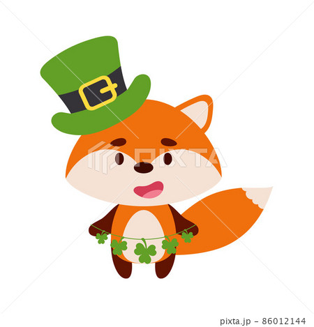 Cute fox in St. Patrick's Day leprechaun hat holds shamrocks. Irish holiday folklore theme. Cartoon design for cards, decor, shirt, invitation. Vector stock illustration. 86012144