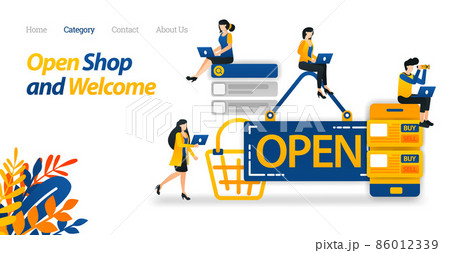 Open Sign Displayed on the Store Front. Mobile E-commerce Icon for Business and Technology. Flat Icon Style Suitable for Web Landing Page, Banner, Flyer, Sticker, Wallpaper, Background, Card, Poster 86012339