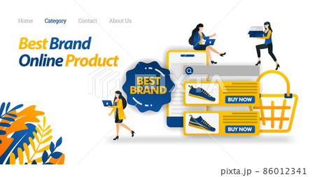 Find a Variety Product of Best Brand With Mobile. Recommend the Best Variety of Online Products. Vector Illustration Flat Icon Style Suitable for Web Landing Page, Sticker, Wallpaper, Card, Background Find a Variety Product of Best Brand With Mobile. Recommend the Best Variety of Online Products. Vector Illustration Flat Icon Style Suitable for Web Landing Page, Sticker, Wallpaper, Card, Background 86012341