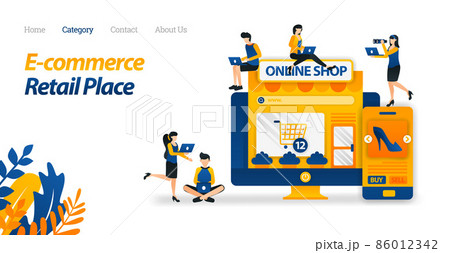 E-commerce Makes It Easy to Shop From Anywhere on Screen. Buy Lots of Goods From many Stores and Retail. Vector Illustration. Flat Icon Style Suitable for Web Landing Page, Banner, Flyer, Wallpaper E-commerce Makes It Easy to Shop From Anywhere on Screen. Buy Lots of Goods From many Stores and Retail. Vector Illustration. Flat Icon Style Suitable for Web Landing Page, Banner, Flyer, Wallpaper 86012342