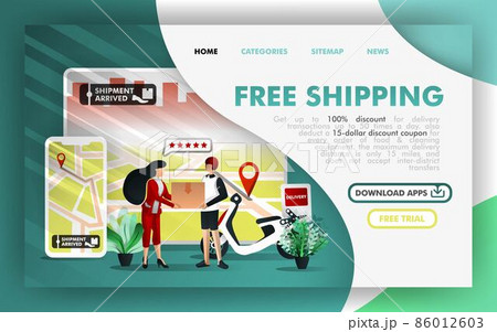Free shipping Flat Vector Illustration Concept, courier service and online delivery order apps. Easy to use for website, banner, landing page, brochure, flyer, print, mobile app, poster, template, UI Free shipping Flat Vector Illustration Concept, courier service and online delivery order apps. Easy to use for website, banner, landing page, brochure, flyer, print, mobile app, poster, template, UI 86012603