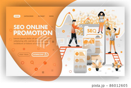 SEO Online Promotion Vector Web Concept. People optimizing promotion on search engine. Easy to use for website element, banner, landing page, brochure, flyer, print, mobile, app, poster, template, UI SEO Online Promotion Vector Web Concept. People optimizing promotion on search engine. Easy to use for website element, banner, landing page, brochure, flyer, print, mobile, app, poster, template, UI 86012605