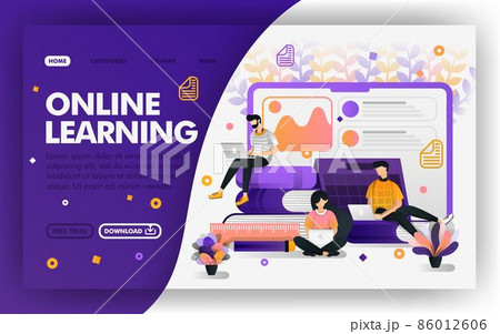 Student studying with internet Vector Web concept, distance learning system, e-learning. Easy to use for website, banner, landing page, brochure, flyer, print, mobile, app, poster, template, UI UX Student studying with internet Vector Web concept, distance learning system, e-learning. Easy to use for website, banner, landing page, brochure, flyer, print, mobile, app, poster, template, UI UX 86012606