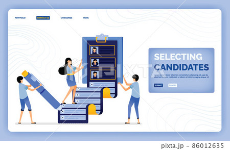 vector illustration of selecting and selecting employee candidates to recruit and refer to the team. Design can be used for landing page, web, website, mobile apps, poster, flyer, ui ux vector illustration of selecting and selecting employee candidates to recruit and refer to the team. Design can be used for landing page, web, website, mobile apps, poster, flyer, ui ux 86012635