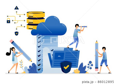 Illustration of upload and access storage of survey results from folder to secure cloud database service. Vector design can be use for website, web, poster, banner, flyer, mobile apps, social media 86012895