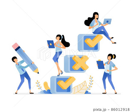 Surveys and quizzes for business. Research in strategic planning design. Vector illustration concept can be use for landing page, template, ui ux, web, mobile app, poster, banner, website, flyer, ads 86012918