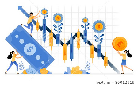 Vector Design of capital gain harvest on investments in financial stocks. secondary market candlestick fluctuations. illustration Can be for websites, posters, banners, mobile apps, web, social media 86012919