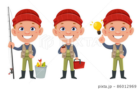Fisherman, set of three poses. Cheerful fisher Fisherman, set of three poses. Cheerful fisher 86012969