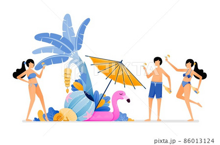 People on holiday to tropical island beach. Tourist enjoying party in beauty maldives beach during summer vacation. Illustration can be used for landing page, banner, website, web, poster, brochure 86013124