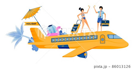 Man and woman boarding a plane for vacation to tropical island beach. Couple honeymoon period during summer vacation. Illustration can be used for landing page, banner, website, web, poster, brochure 86013126