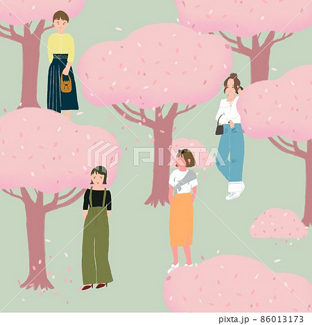 桜とお花見に来たお洒落な大人女子のイラスト素材