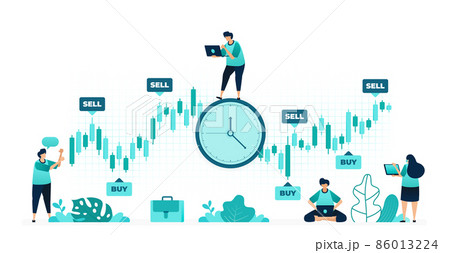 vector illustration of timing of investment. the right time to buy and sell stocks to make a big profit. women and men workers. designed for website, web, landing page, apps, ui ux, poster, flyer 86013224