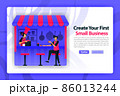 vector flat illustration of opening a food stall or small medium business. customer and chef started to become entrepreneur or startup founder. can use for landing page, website, web, homepage, mobile 86013244