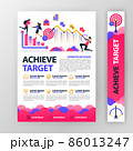 business poster about achieving and planning company targets with flat cartoon illustration. flyer business pamphlet brochure magazine cover design layout space for vector print template in A4 size 86013247