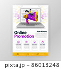 Online promotion and refer a friend business poster with flat cartoon illustration. flyer pamphlet brochure magazine cover design layout space for promotion marketing, vector print template A4 size 86013248