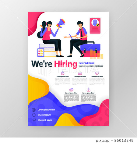 We're hiring employees business poster with flat cartoon illustration. Job interview flyer pamphlet brochure magazine cover design layout space for promotion marketing, vector print template A4 size 86013249