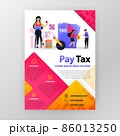 Pay taxes online business poster with flat cartoon illustration. Pay tax flyer business pamphlet brochure magazine cover design layout space for promotion and marketing, vector print template A4 size 86013250