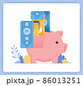 vector illustration of pink piggy bank with bank note being issued. open investment savings. Vector illustration set isolated on white background and can used for landing pages, posters, mobile apps 86013251