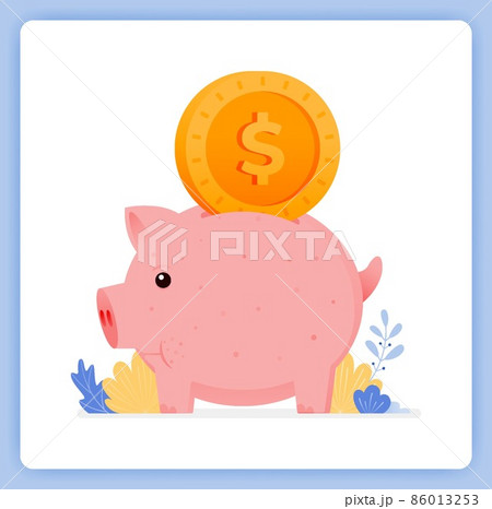 vector illustration of cute piggy bank with dollar bill input. how to save for kids. Vector illustration set isolated on white background and can used for landing pages, websites, posters, mobile apps 86013253