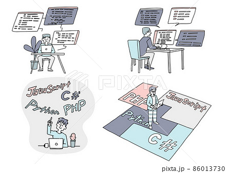 ウェブ開発に取り組むプログラマーのセット　ソフトウエア開発者　暖かみのある手書きの人物　 86013730