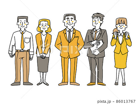 直立する職場のチーム コミカルな手書きの人物 ベクター線画にシンプルな色つけ 白バ 直立する職場のチーム コミカルな手書きの人物 ベクター線画にシンプルな色つけ 白バ 86013767