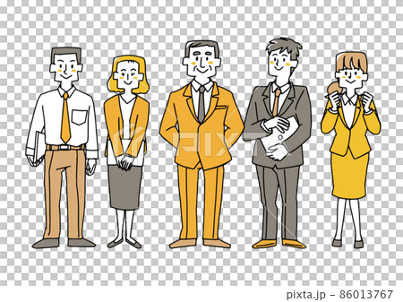 直立する職場のチーム コミカルな手書きの人物 ベクター線画にシンプルな色つけ 白バ 直立する職場のチーム コミカルな手書きの人物 ベクター線画にシンプルな色つけ 白バ 86013767